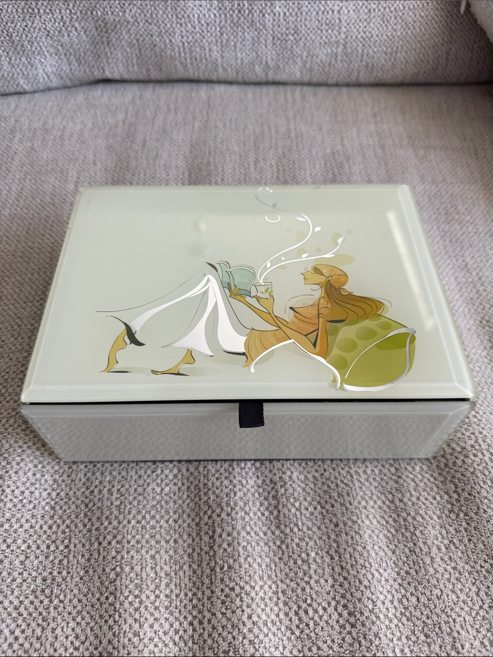 Illustrated Glass Trinket Box with Relaxing Lady Design